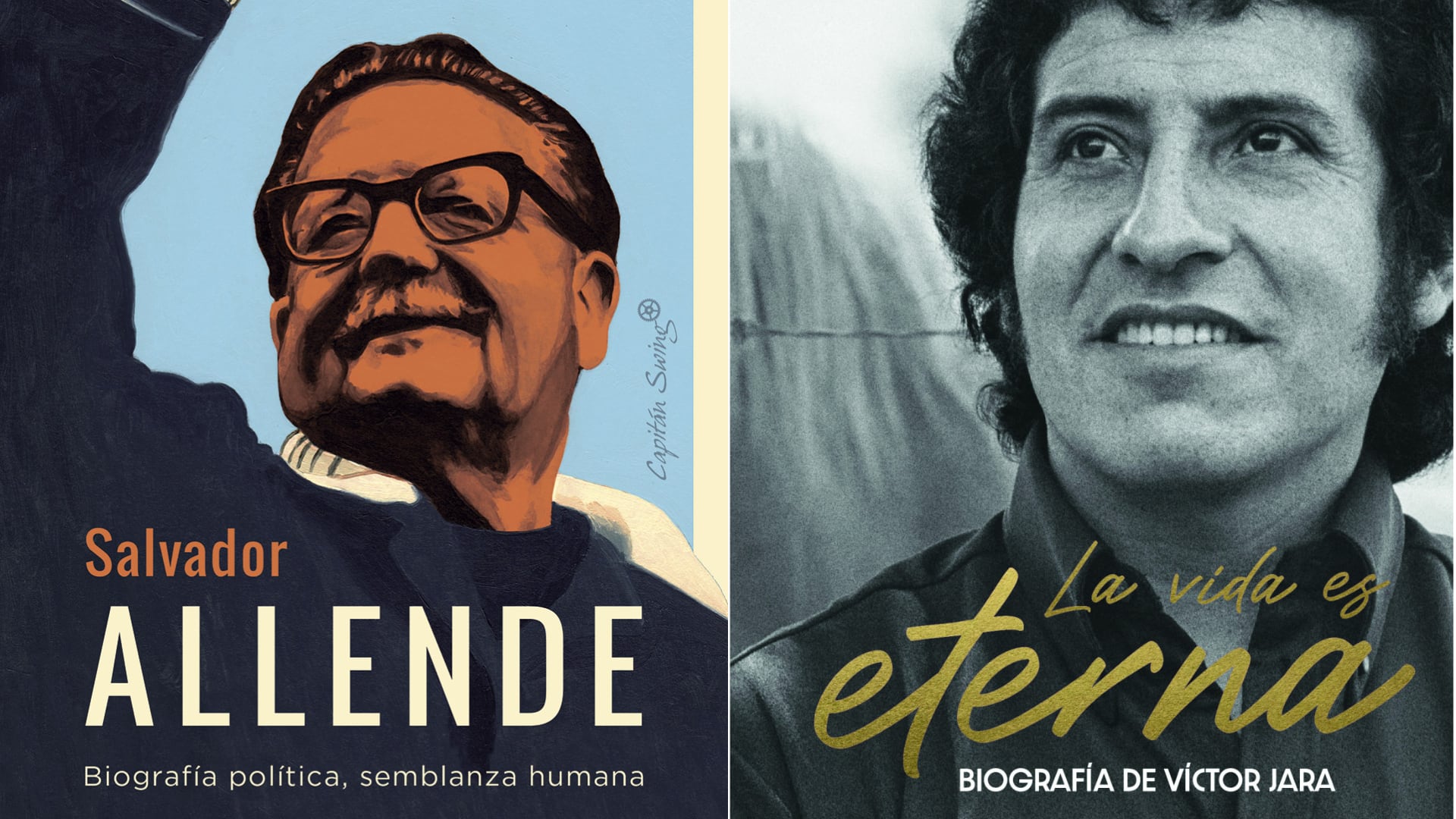 Portadas de las biografías de Salvador Allende y de Víctor Jara escritas por Mario Amorós