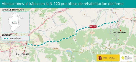 Tramo en obras en la N-120 en Burgos