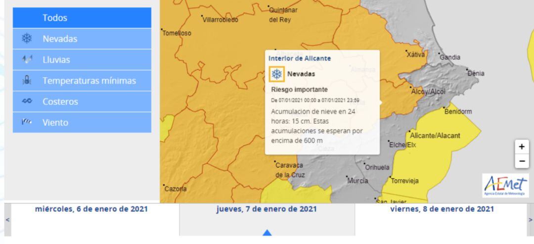 La Agencia Estatal de Meteorología decreta para este jueves la alerta naranja por nevadas en el interior de la provincia de Alicante