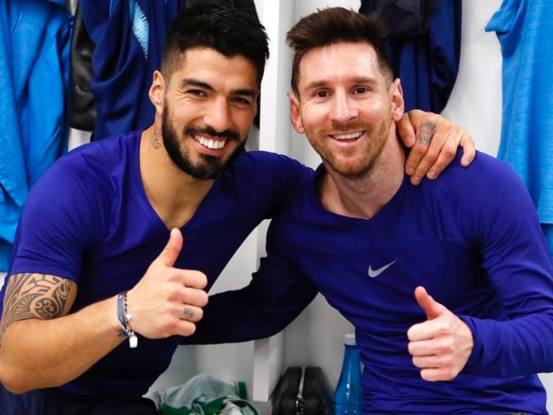 Luis Suárez y Messi en el vestuario del Barcelona