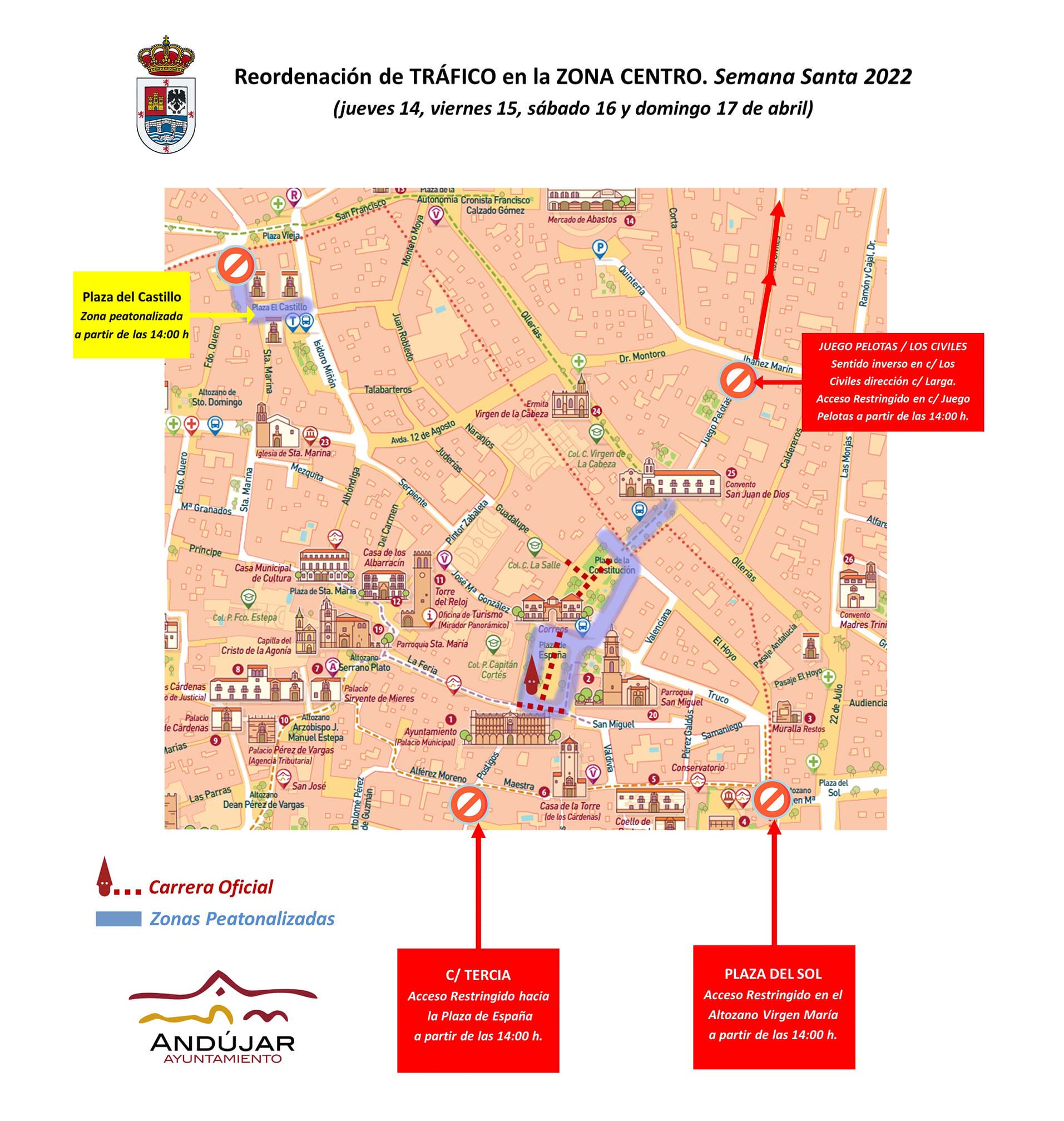 Reordenación del tráfico en el centro de Andújar con motivo de la Semana Santa 2022.