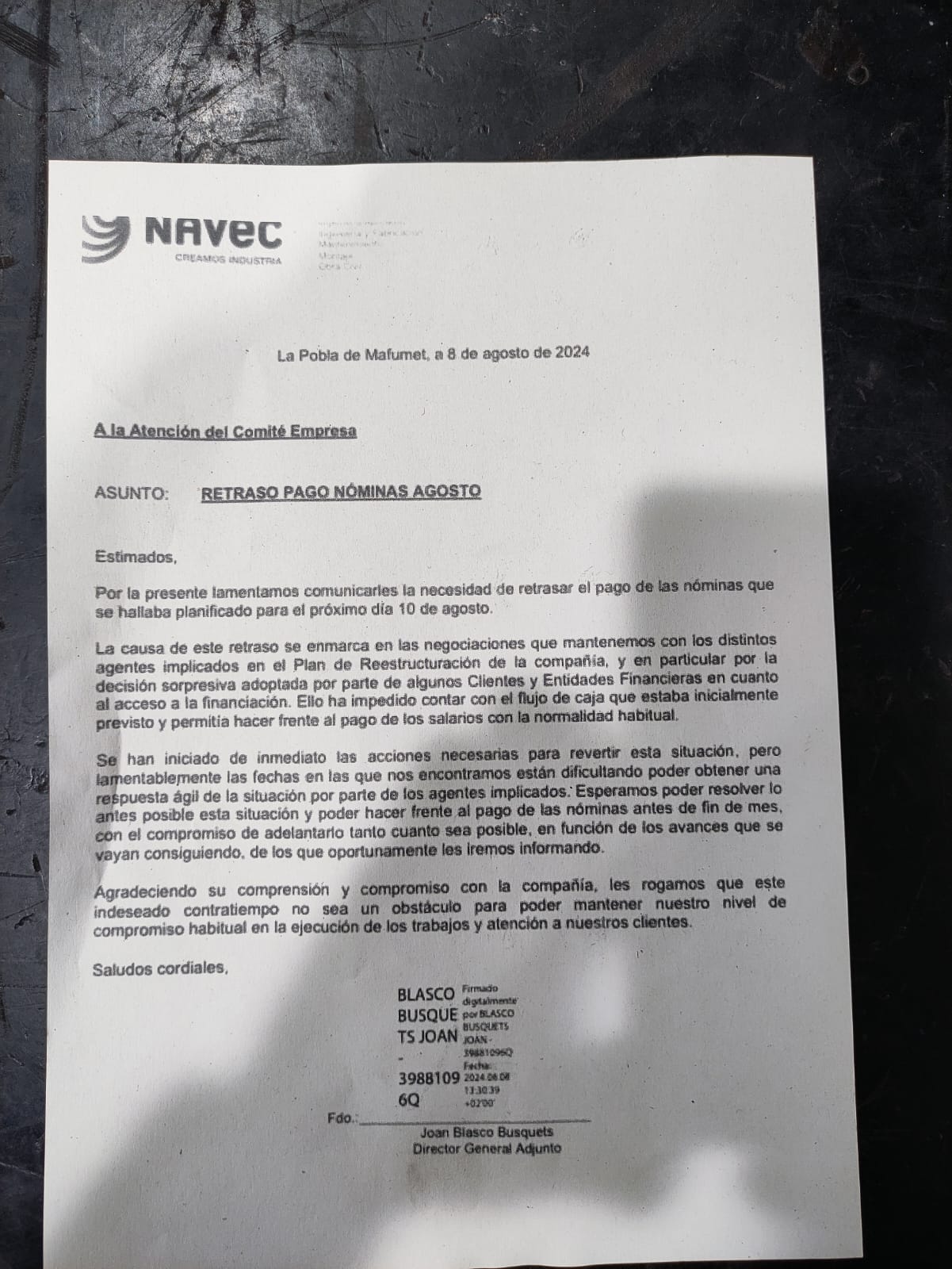 Nota de Navec a su personal