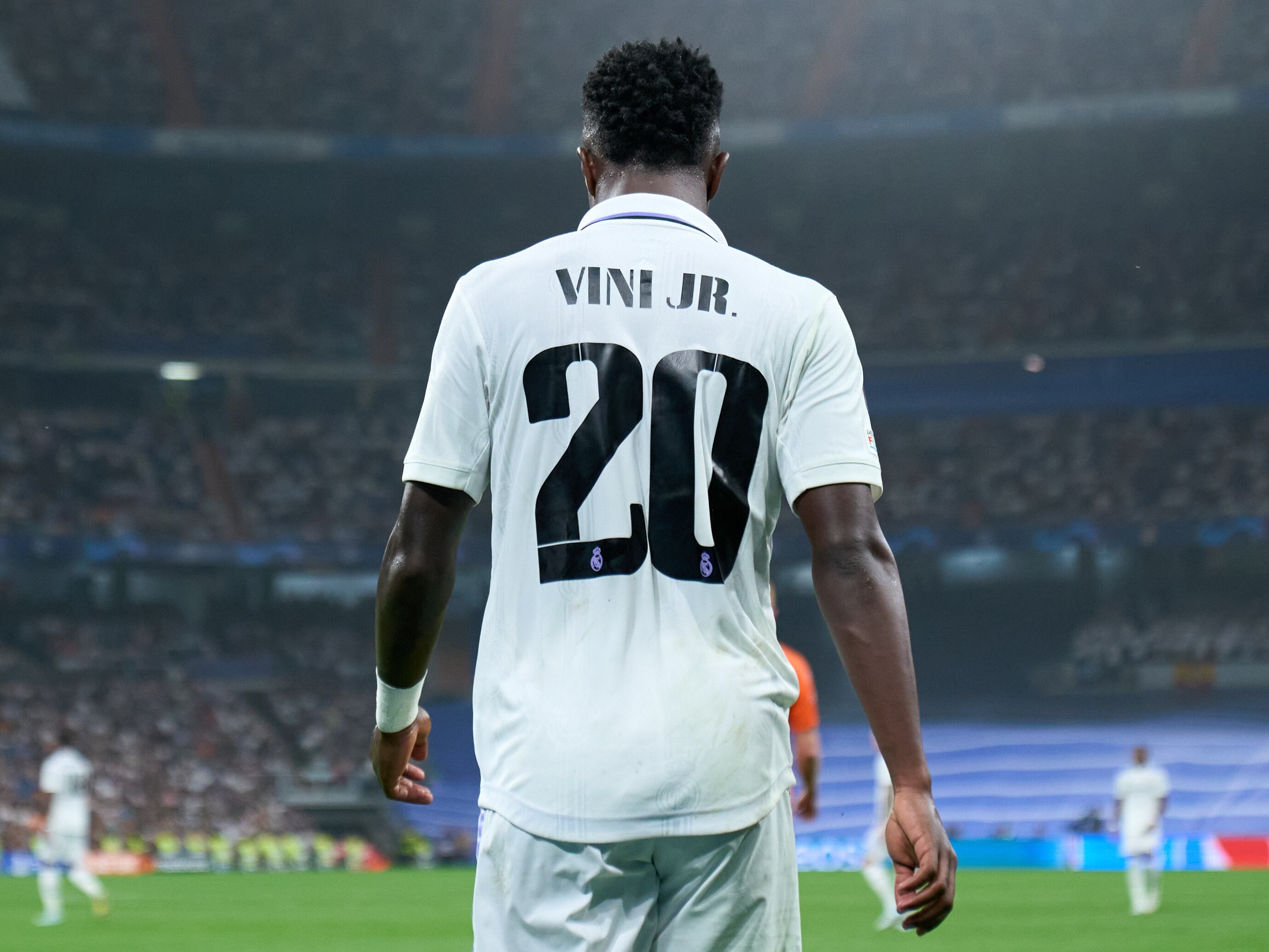 MADRID, SPAIN - OCTOBER 05: Vinicius Junior of Real Madrid during the UEFA Champions League group F match between Real Madrid and Shakhtar Donetsk at Estadio Santiago Bernabeu on October 05, 2022 in Madrid, Spain. (Photo by Angel Martinez/Getty Images)