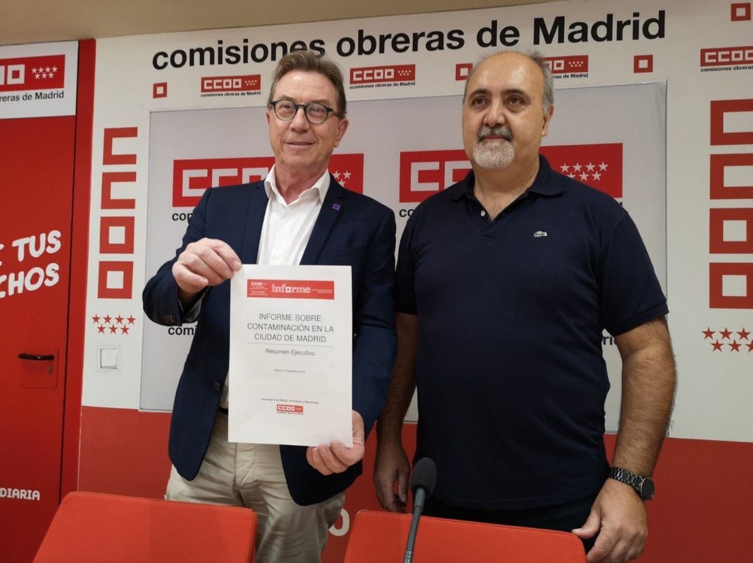 El secretario general de CCOO en Madrid, Jaime Cedrún y el secretario de Medio Ambiente, Ángel Juberías presentan el informe de calidad del aire.