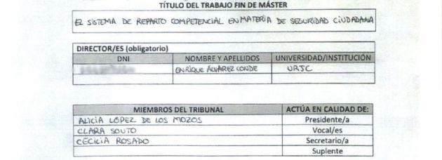 El acta falsificado que aportó Cifuentes en su documentación con las supuestas firmas de las tres profesoras. Dos han reconocido ya que están falsificadas