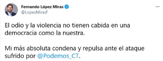 Mensaje de condena de Fernando López Miras en Twitter