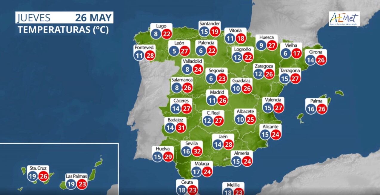 Mapa de previsión de temperaturas para el jueves 26 de mayo.