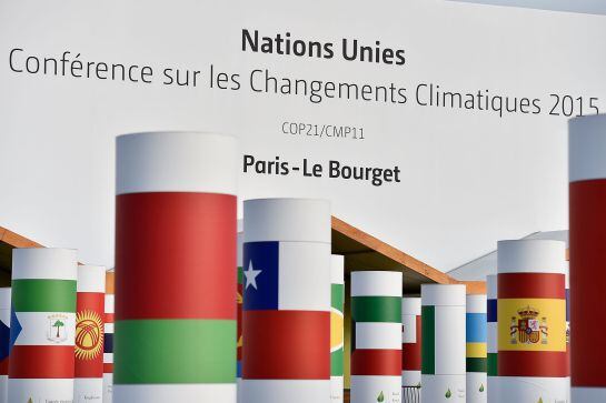 Las banderas de los 195 países participantes presiden la entrada al complejo de Le Bourget, en París, donde se celebra la COP21