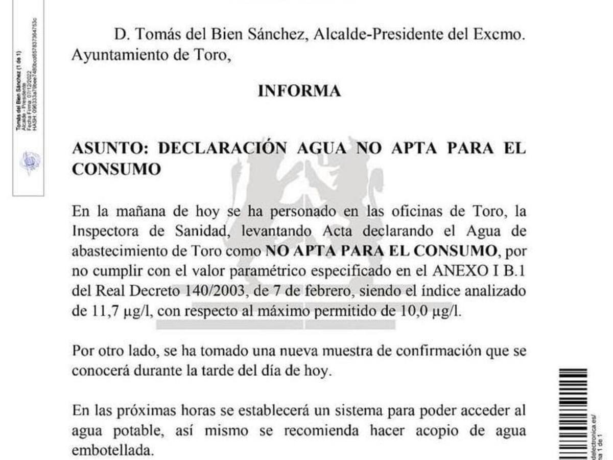 Toro declara su agua no apta para el consumo