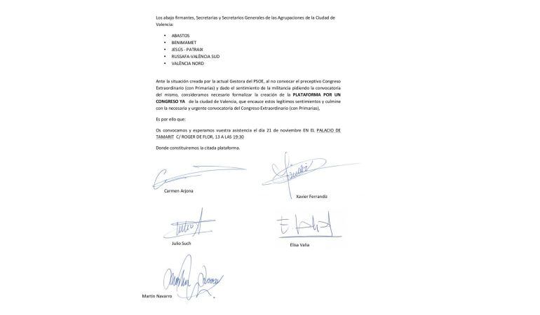 Carta que han firmado los 5 secretarios generales de las agrupaciones del PSPV a la que ha tenido acceso Radio Valencia