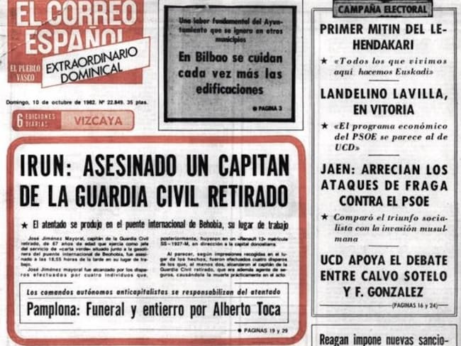 Portada del periódico El Correo tras el asesinato de José Giménez Mayoral.