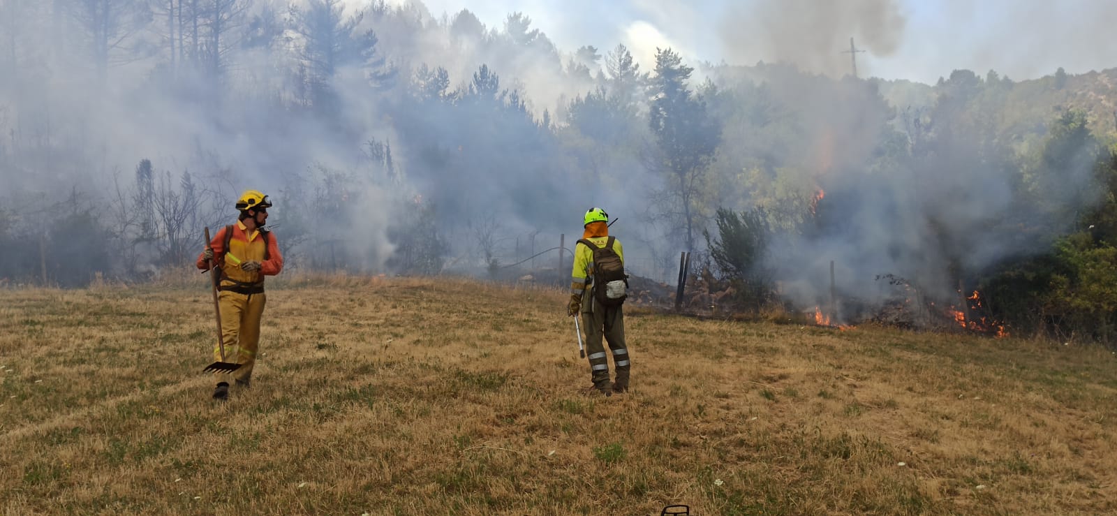 Miembros de cuadrillas terrestres en la zona del incendio.