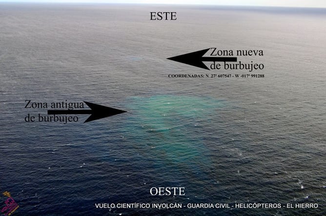 Zona nueva y anterior de burbujeo de gases volcánicos por erupciones submarinas en El Hierro