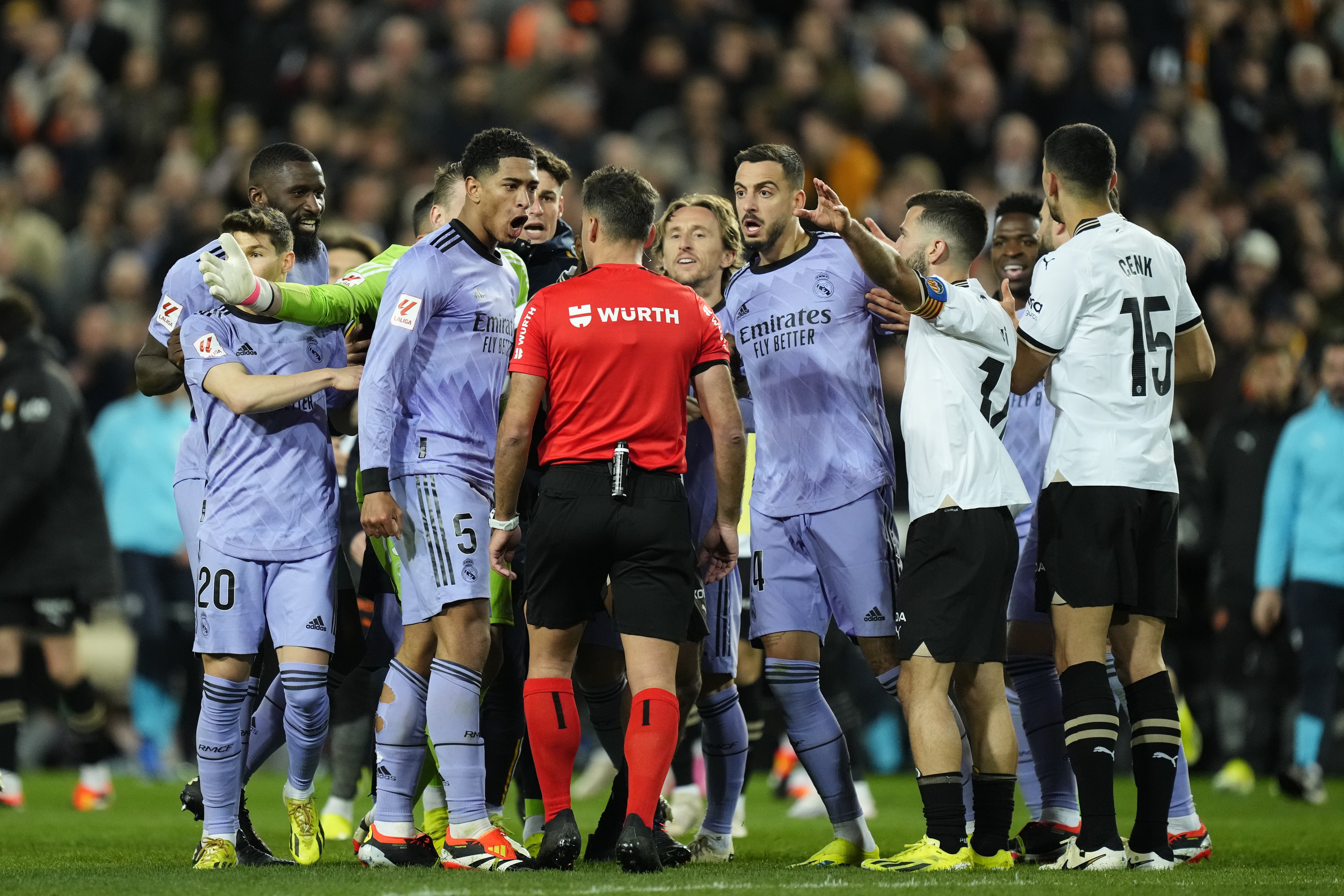 VALENCIA, SPAIN - MARCH 2: Jude Bellingham central midfield of Real Madrid and England protest to referee after the LaLiga EA Sports match between Valencia CF and Real Madrid CF at Estadio Mestalla on March 2, 2024 in Valencia, Spain. (Photo by Jose Hernandez/Anadolu via Getty Images)