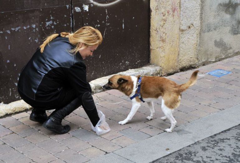 Una ciudadana retira el extremento de su perro de la calle