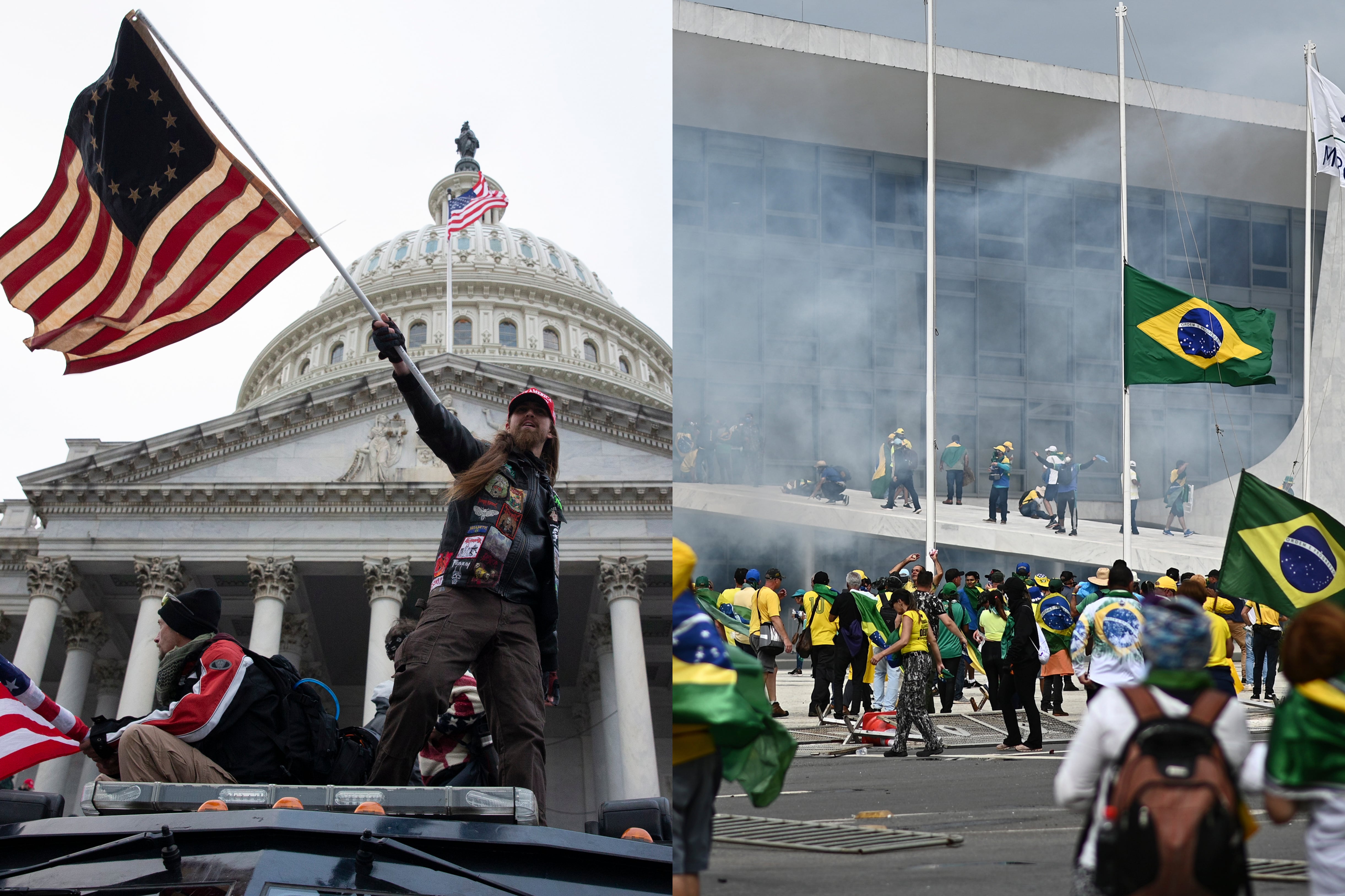 AME4972. WASHINGTON (EE.UU.) / BRASILIA (BRASIL), 08/01/2023.- Combo de fotografías que muestra, a la izquierda, a dos manifestantes pro Trump durante la toma del Capitolio el 6 de enero de 2021, en Washington (EE.UU.) y a la derecha, la toma de hoy por parte de manifestantes Bolsonaristas en la sede del poder de la república de Brasil, en Brasilia (Brasil). La invasión este domingo por parte de simpatizantes del expresidente brasileño Jair Bolsonaro de la sede del Ejecutivo de su país, la Corte Suprema y el Congreso Nacional evoca al asalto al Capitolio de EE.UU., cuyo segundo aniversario se cumplió hace dos días y donde cinco personas fallecieron. Los seguidores de Bolsonaro ocuparon este domingo el Palacio de Planalto, sede del Ejecutivo, y la Corte Suprema, después de haber asaltado antes el Congreso Nacional, en Brasilia, en actos golpistas contra el presidente Luiz Inácio Lula da Silva. EFE/ ARCHIVO
