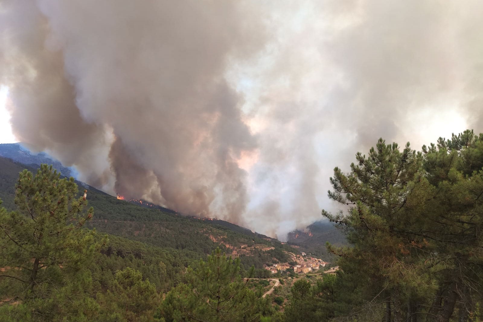 Ladrillar, una de las tres poblaciones que hasta el momento han sido evacuadas en un incendio forestal de nivel 2 en la comarca cacereña de Las Hurdes, este lunes. El incendio forestal declarado este lunes en la comarca cacereña de Las Hurdes ha obligado a evacuar de manera preventiva a los cerca de 200 vecinos de Cabezo y Ladrillar, según el Centro de Atención de Urgencias y Emergencias 112 de Extremadura.