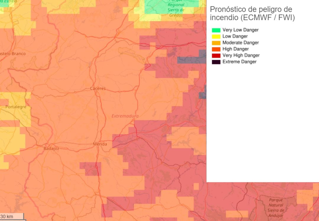 Peligro de Incendio para Extremadura en la jornada del 15 de junio