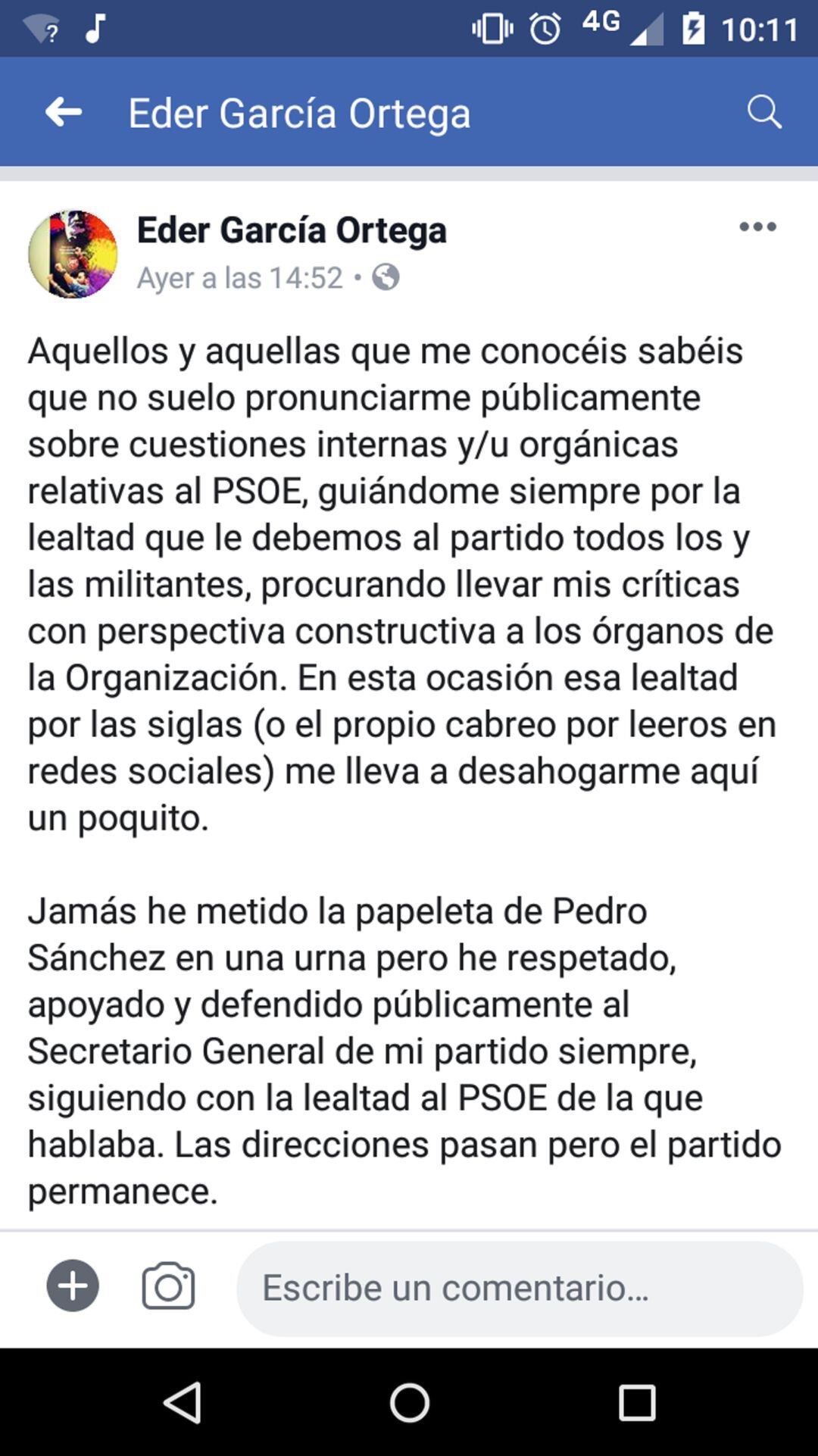 Publicación de Eder García en Facebook