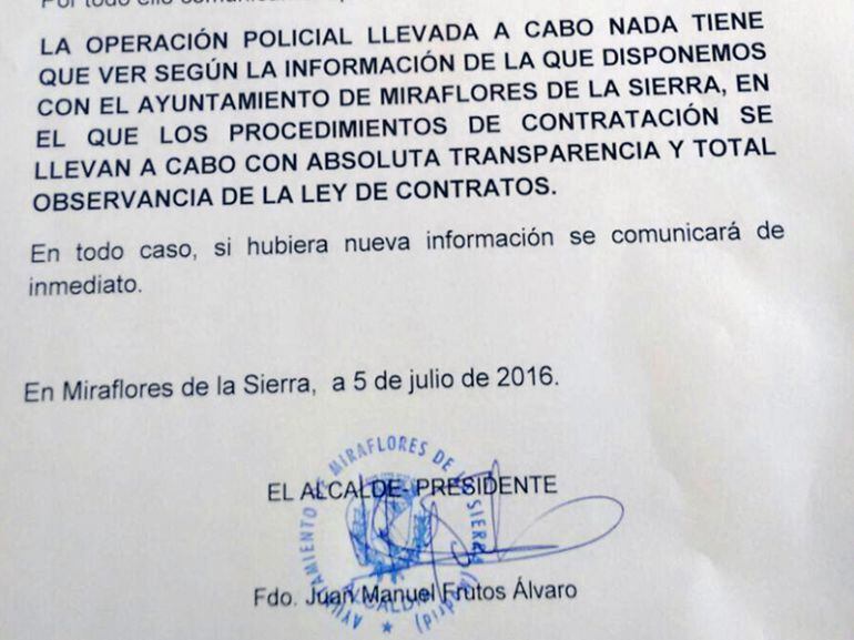 Comunicado del ayuntamiento de Miraflores de la Sierra ante la Operación Termyca