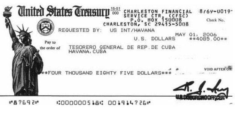 Cheque de la cantidad que desde 1973 abona EEUU a Cuba por la Bahía de Guantánamo. Del libro &#039;The leasing of Guantanamo&#039;, de Michael Strauss.