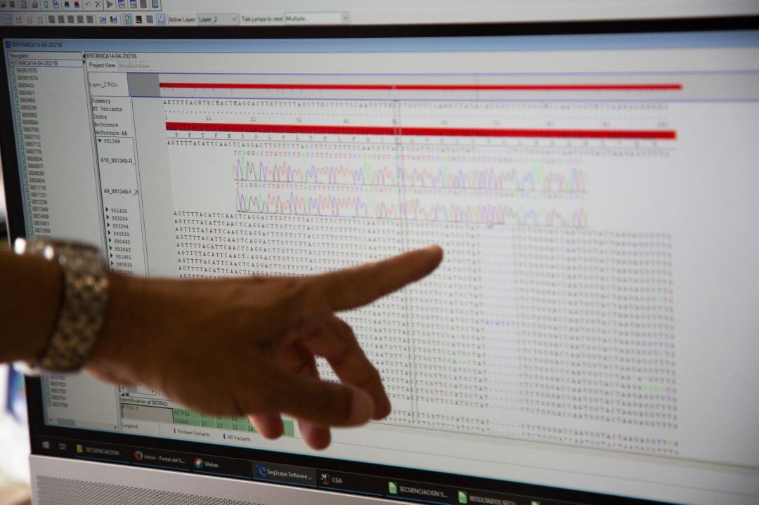 Una investigadora trabaja con el ordenador en el laboratorio de Microbiología del Hospital Universitario de Badajoz, este 15 de abril. En este laboratorio realizan la secuenciación de las muestras de coronavirus para confirmar algunas de las mutaciones má