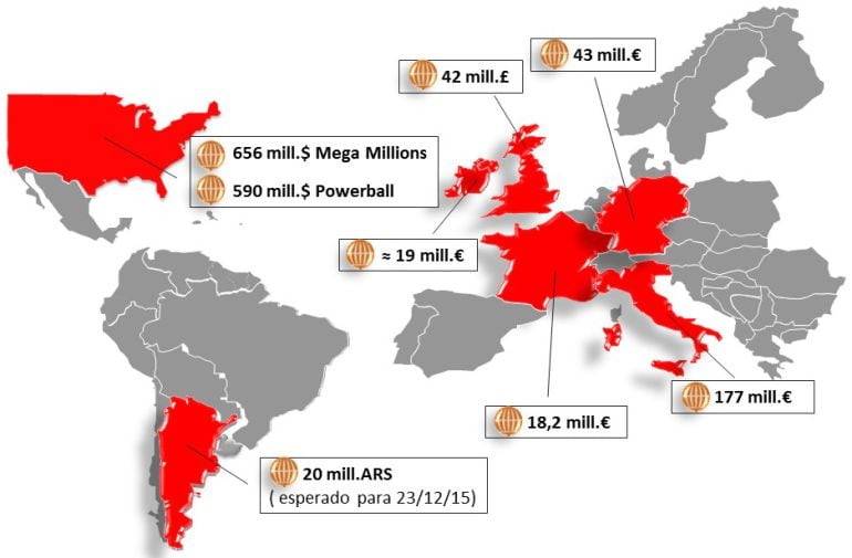 Mapa de algunas de las fortunas que se han conseguido en el mundo gracias a los sorteos de lotería.