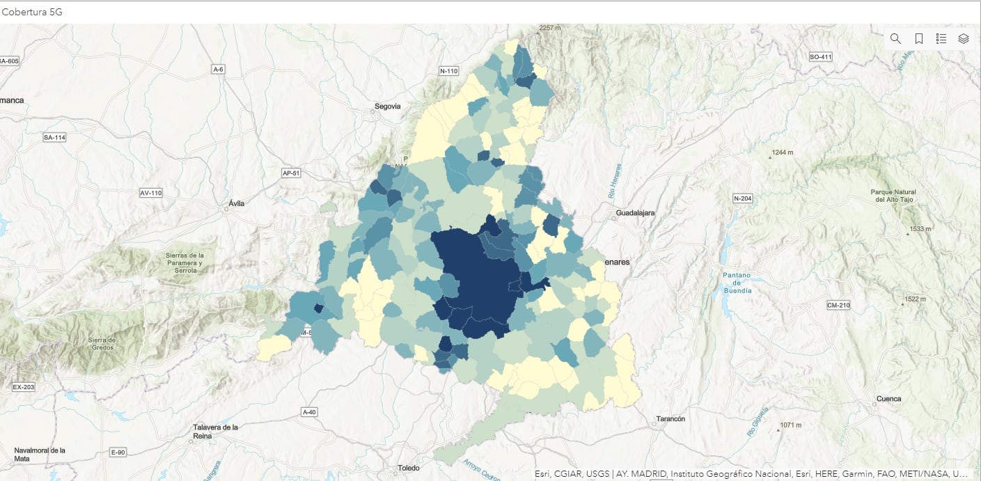 Mapa de la conectividad 5G en la Comunidad de Madrid