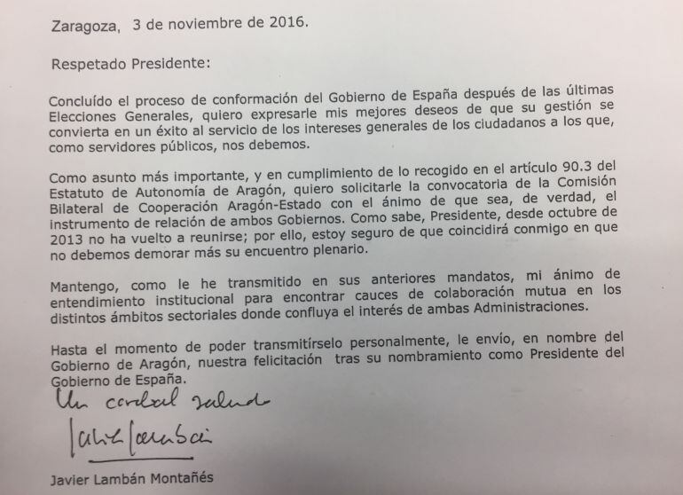 Carta de Javier Lambán a Mariano Rajoy