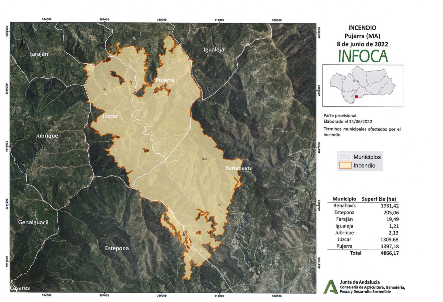 Zona quemada por el fuego que se produjo en Pujerra (Málaga)