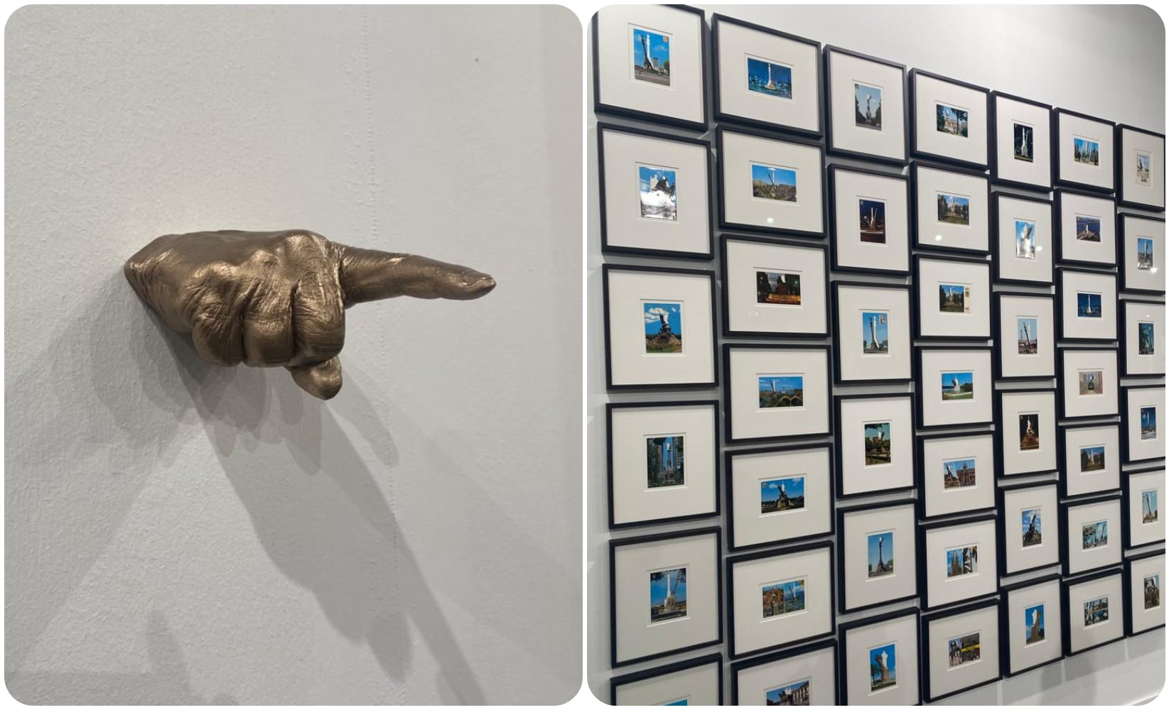 Obras de Eugenio Merino. La mano de un represaliado del Franquismo y postales de ciudades con estatuas de Colón