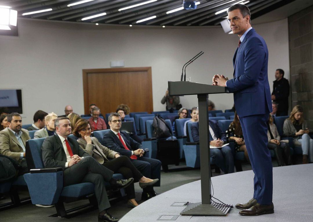 El presidente del Gobierno, Pedro Sánchez, en una comparecencia en el Palacio de la Moncloa. 