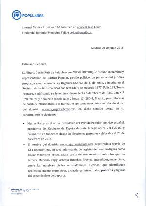 Requerimiento del Partido Popular a &#039;El Mundo Today&#039; (página 1 de 2).