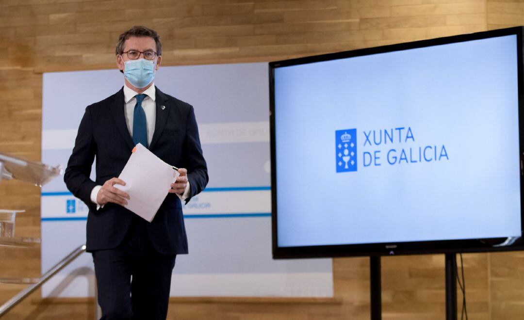 El presidente gallego, Alberto Núñez Feijóo, en la rueda de prensa posterior al Consello de la Xunta del 18 de marzo de 2021