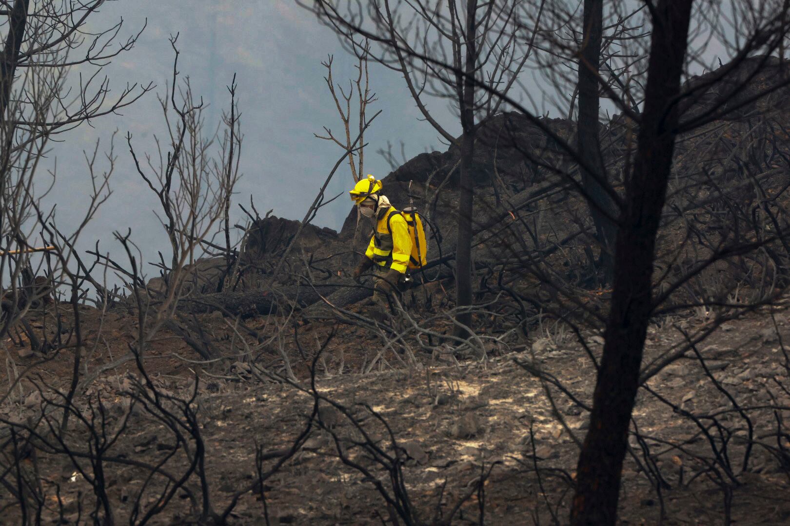 MONSAGRO (SALAMANCA), 13/07/2022.- Un bombero en la zona afectada por el incendio declarado en el término de Monsagro, al suroeste de Salamanca, que desde la tarde del lunes ha quemado más de 1.000 hectáreas. El fuego sigue activo aunque los efectivos que trabajan en su extinción confían en las previsiones del viento. EFE/ JM. Garcia
