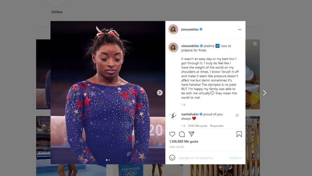 El mensaje de Simone Biles en su cuenta de Instagram.