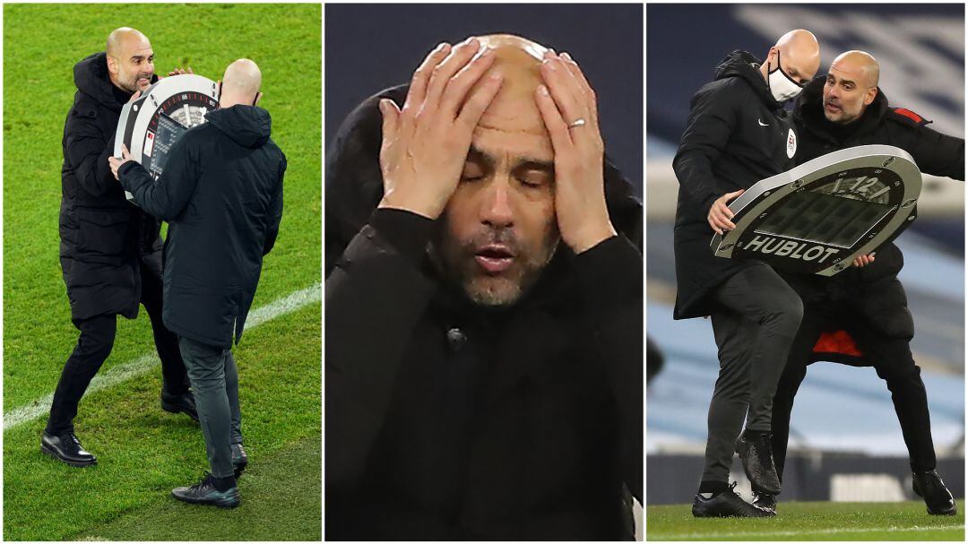 Guardiola, en el momento que se encara con el colegiado