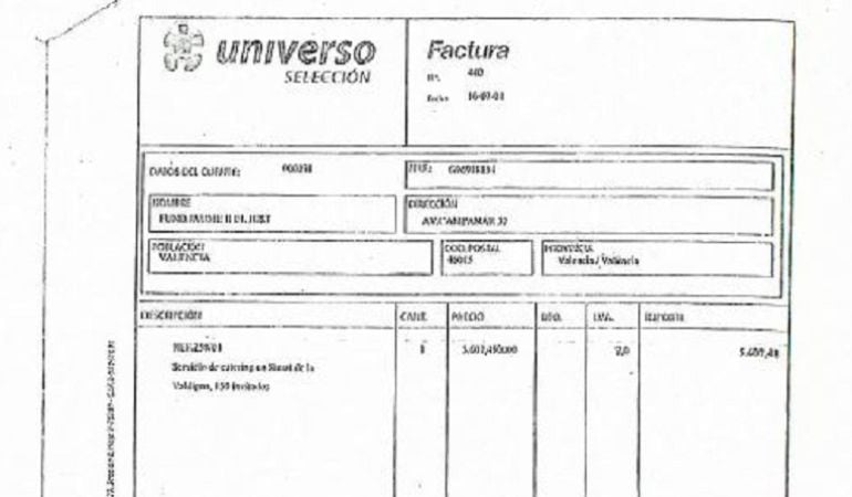 Factura por un servicio de cátering.