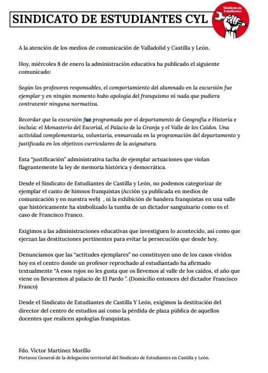 Nuevo comunicado del Sindicato de Estudiantes de Castilla y León