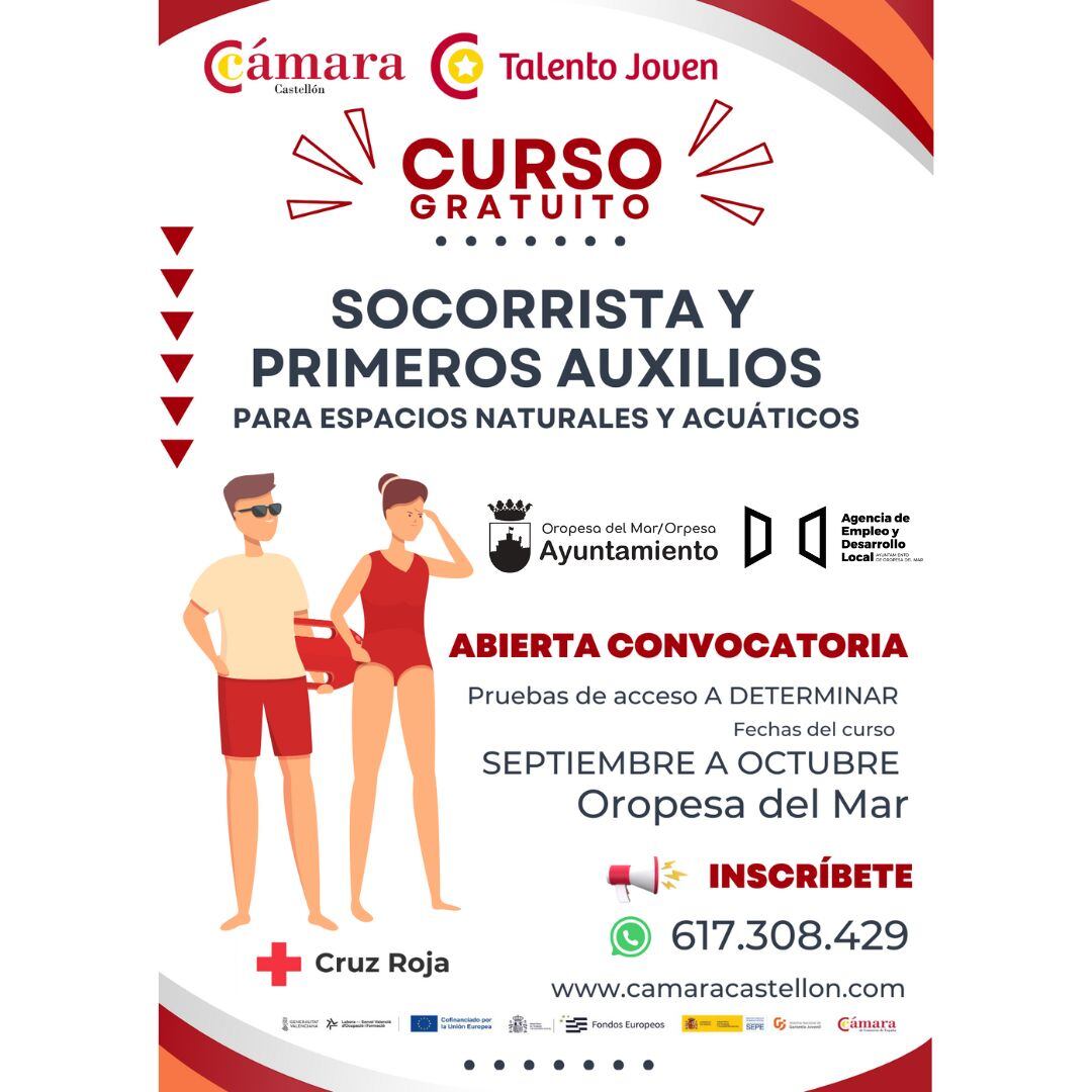 Cartel del curso gratuito de socorrismo en Oropesa del Mar
