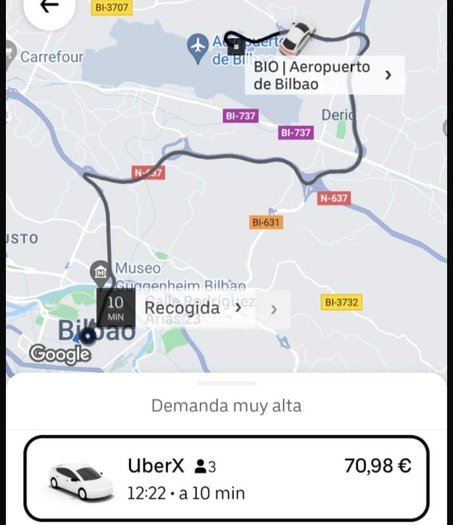 Trayecto previsto y precio de un Uber de Bilbao al aeropuerto durante la manifestación de taxis en Bizkaia.