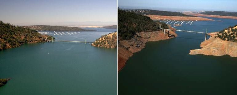 El antes y el después del lago Oroville tras la sequía. Actualmente se encuentra al 32% de su capacidad.