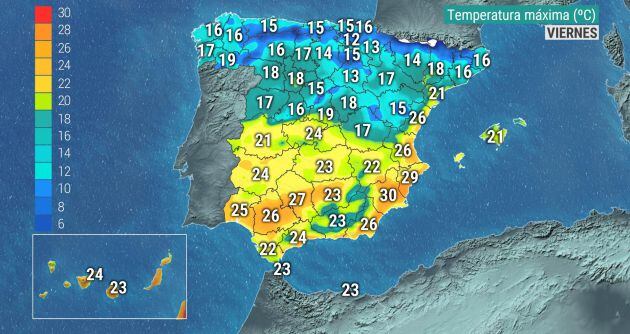 Temperaturas máximas previstas para este viernes.