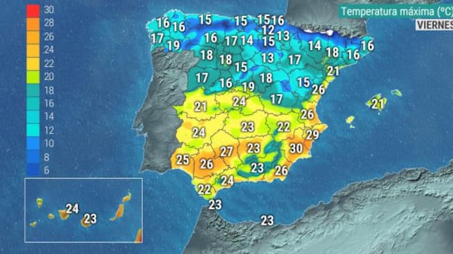 Temperaturas máximas previstas para este viernes.