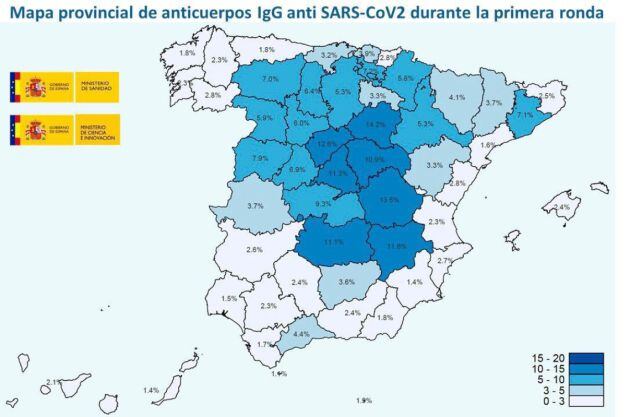 El porcentaje de población con anticuerpos por provincias