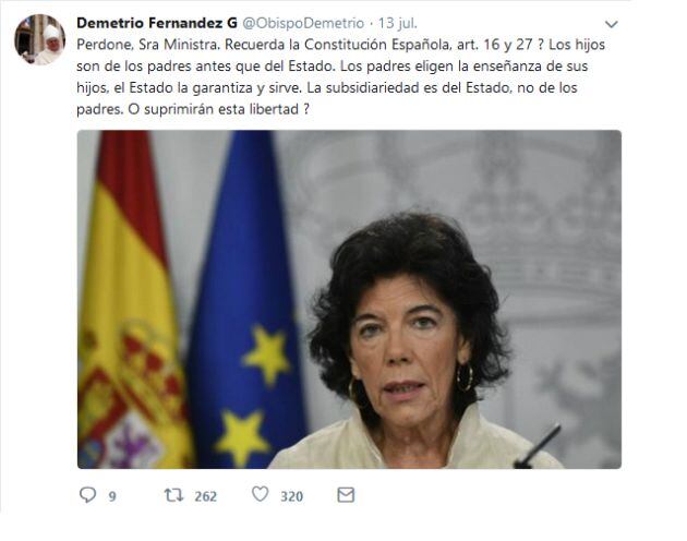 El obispo de Córdoba, Demetrio Fernández, en su perfil de Twitter sobre la reforma de la asignatura de Religión anunciada por el Gobierno