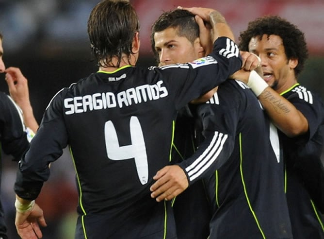 Cristiano Ronaldo celebra el segundo gol del Real Madrid en Anoeta / AFP