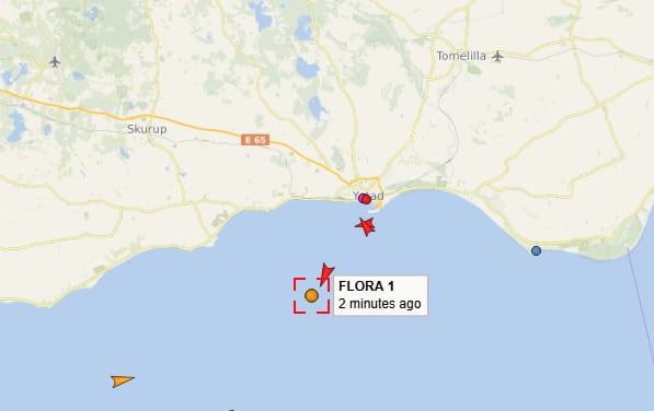 Ubicación del petrolero "Flora 1" este viernes al sur de la costa de Suecia