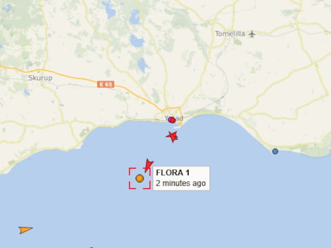 Ubicación del petrolero "Flora 1" este viernes al sur de la costa de Suecia