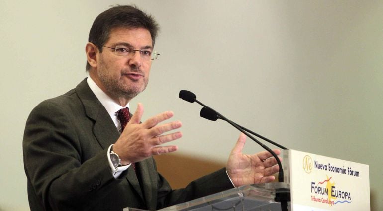 El ministro de Justicia, Rafael Català, durante la conferencia que ha ofrecido en Barcelona en el marco del Forum Europa.